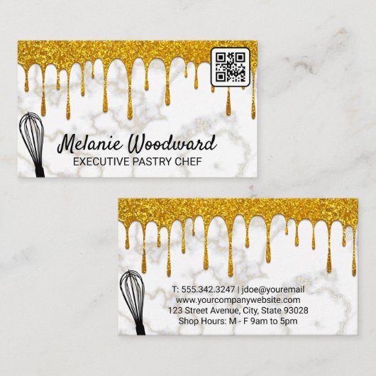 Carte De Visite Parties scintillant d'or | Marbre | Whisk | Code Q (Devant / Derrière)