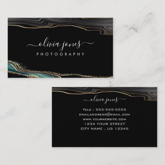 Carte De Visite Parties scintillant d'or moderne Black Agate Signa (Devant / Derrière)