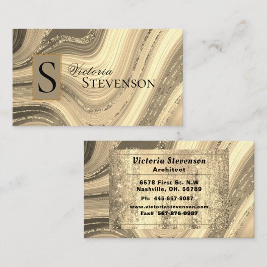 Carte De Visite Parties scintillant d'or Monogramme en marbre Élég (Devant / Derrière)