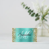 Carte De Visite Parties scintillant d'or Turquoise Foil Fancy Mono (Debout devant)