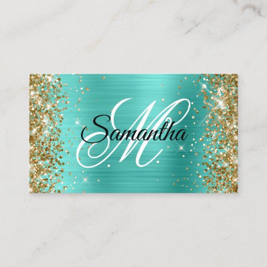 Carte De Visite Parties scintillant d'or Turquoise Foil Fancy Mono (Devant)