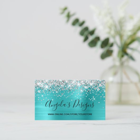 Carte De Visite Parties scintillant en argent Blue Turquoise Foil  (Debout devant)