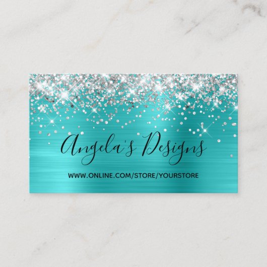 Carte De Visite Parties scintillant en argent Blue Turquoise Foil  (Devant)