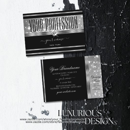 Carte De Visite Parties scintillant en argent noir luxe Étoiles ét