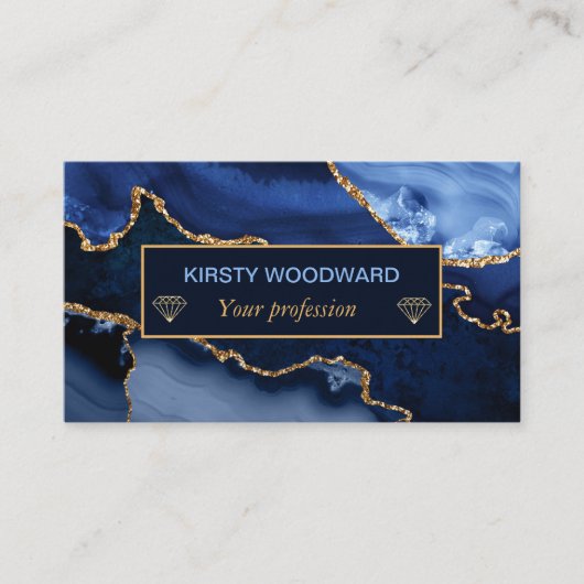Carte De Visite Parties scintillant en marbre Bleu et Faux Or (Devant)