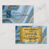 Carte De Visite Parties scintillant en or bleu Monogramme élégant  (Devant / Derrière)