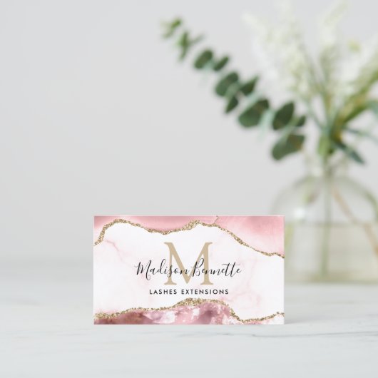 Carte De Visite Parties scintillant en or rose pâle Agate Monogram (Debout devant)