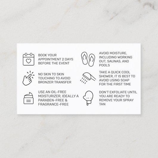 Carte De Visite Parties scintillant Gold Spray Tan Instruction car (Dos)