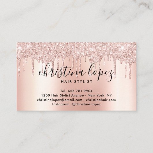 Carte De Visite Parties scintillant gouttes rose or métal coiffeur (Dos)