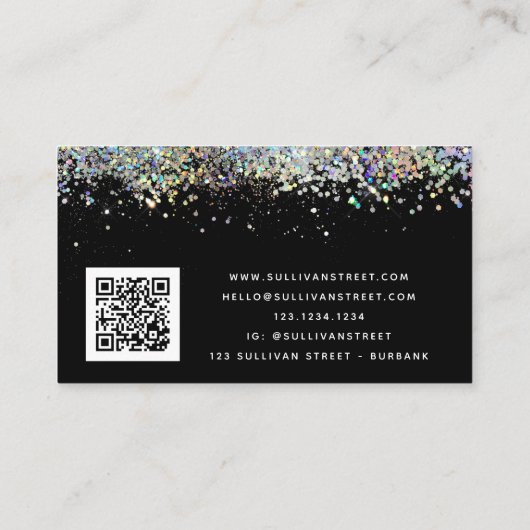Carte De Visite Parties scintillant holographique noire Code QR (Dos)