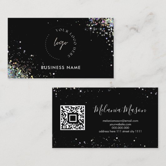 Carte De Visite Parties scintillant holographique personnalisé QR (Devant / Derrière)