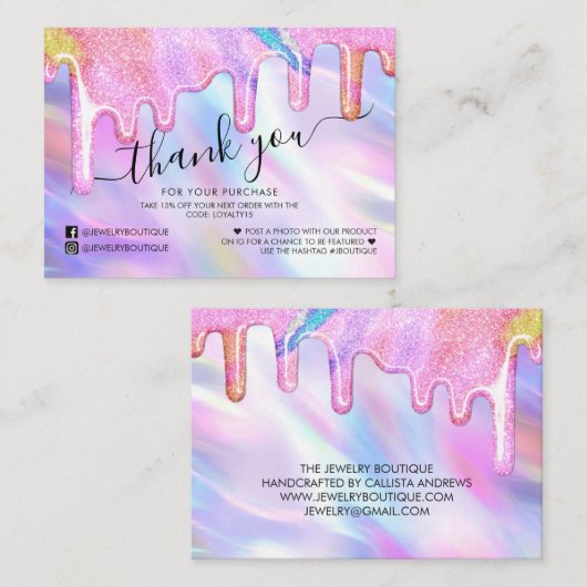 Carte De Visite Parties scintillant Holographique Unicorn Merci cl (Devant / Derrière)