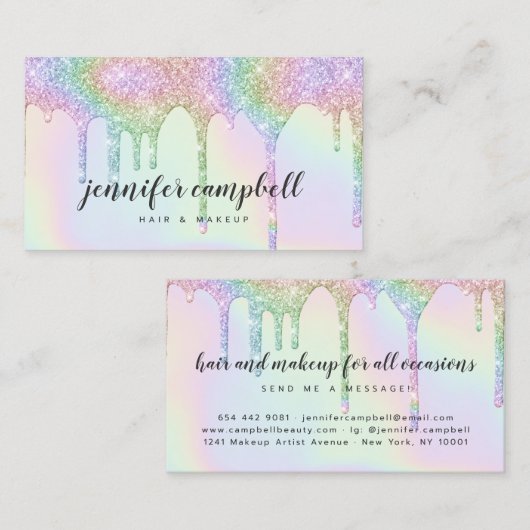 Carte De Visite Parties scintillant holographique Unicorne goutte (Devant / Derrière)