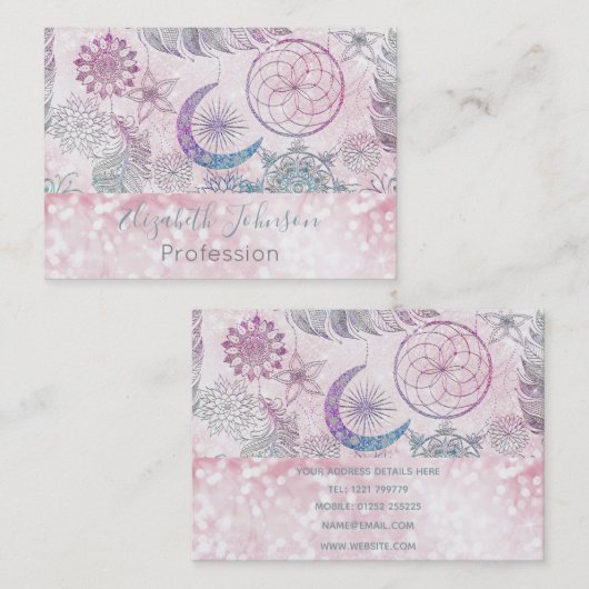 Carte De Visite Parties scintillant magique Iridescente Plumes Dre (Devant / Derrière)