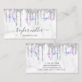 Carte De Visite Parties scintillant moderne en argent blanc marbre (Devant / Derrière)