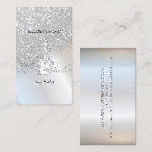Carte De Visite Parties scintillant moderne en argent Bokeh, Guita (Devant / Derrière)