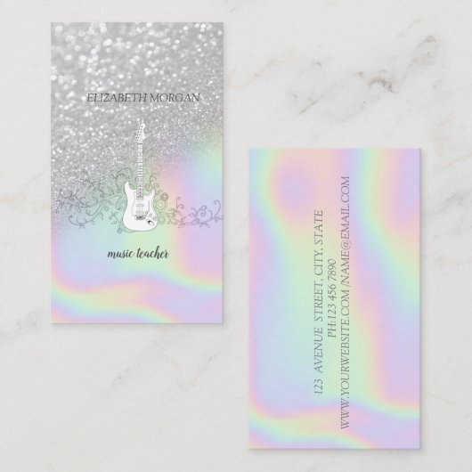 Carte De Visite Parties scintillant moderne en argent Bokeh, Guita (Devant / Derrière)