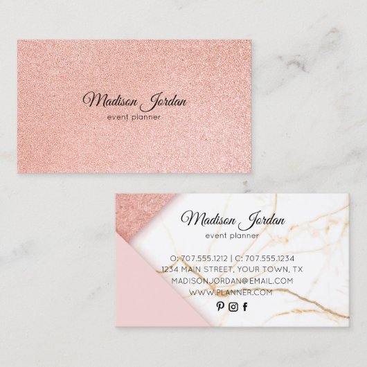 Carte De Visite Parties scintillant moderne en marbre rose et or (Devant / Derrière)