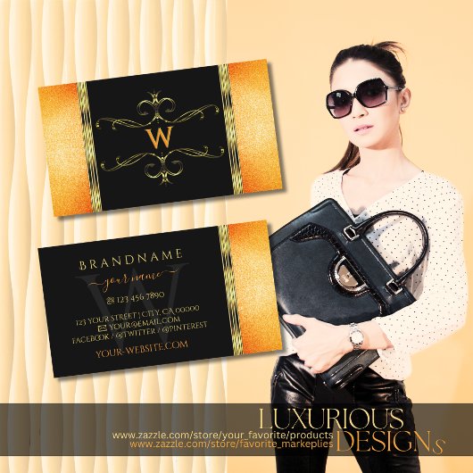 Carte De Visite Parties scintillant noire et orange Monogramme d'o