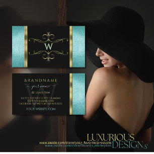 Carte De Visite Parties scintillant noire et Turquoise Décor Monog