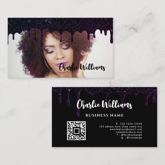 Carte De Visite Parties scintillant noire QR Code Ajouter votre pr (Devant / Derrière)