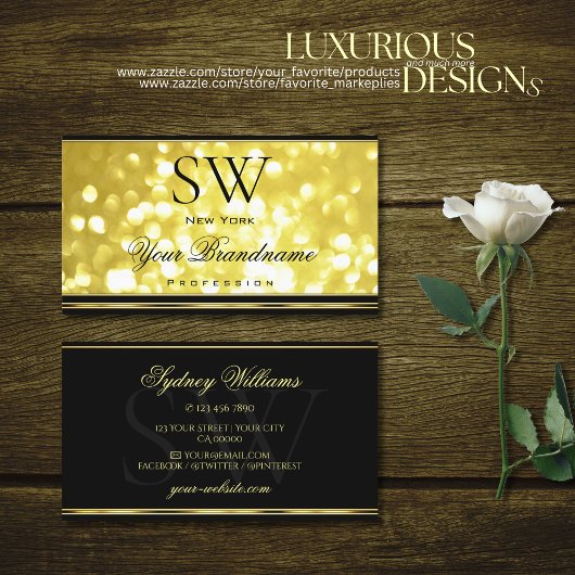 Carte De Visite Parties scintillant or jaune Monogramme noir Décor