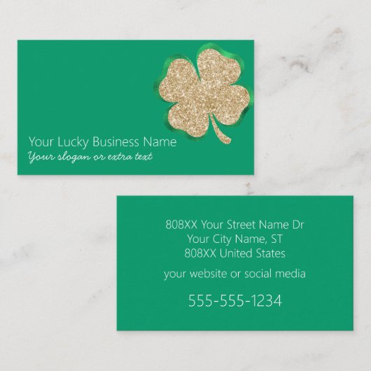 Carte De Visite Parties scintillant or Lucky Four Leaf Clover sur  (Devant / Derrière)