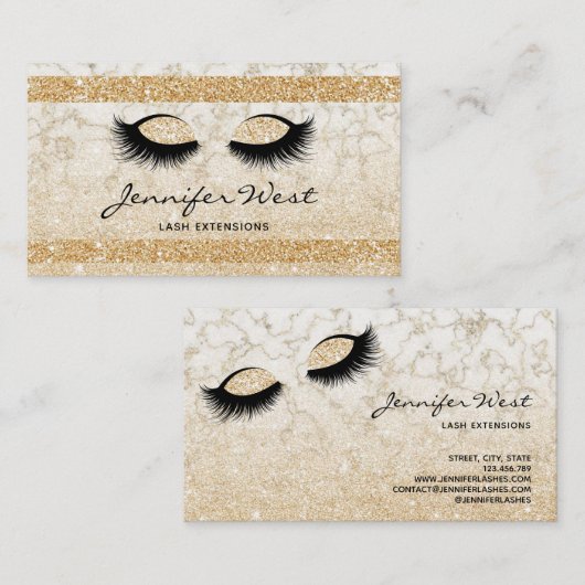 Carte De Visite Parties scintillant Or maquillage en marbre blanc (Devant / Derrière)