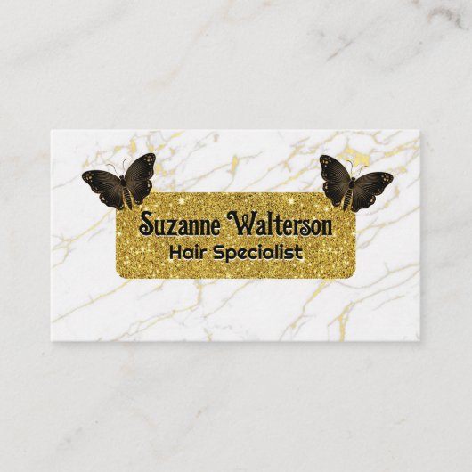 Carte De Visite Parties scintillant or | MARBRE BLANC | Papillons (Devant)