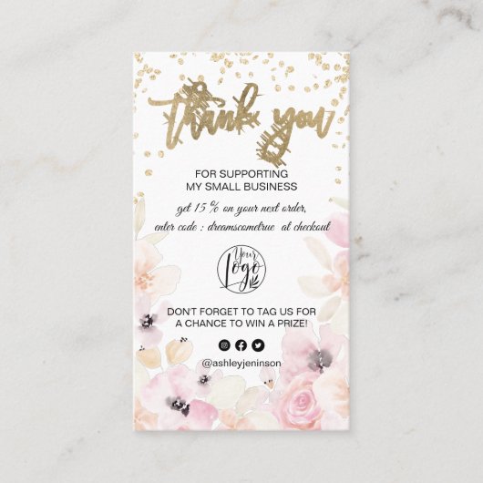 Carte De Visite Parties scintillant or pastel floral logo commande (Devant)