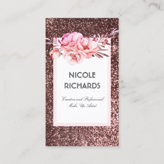 Carte De Visite Parties scintillant or rose et Fleurs aquarelles V (Devant)