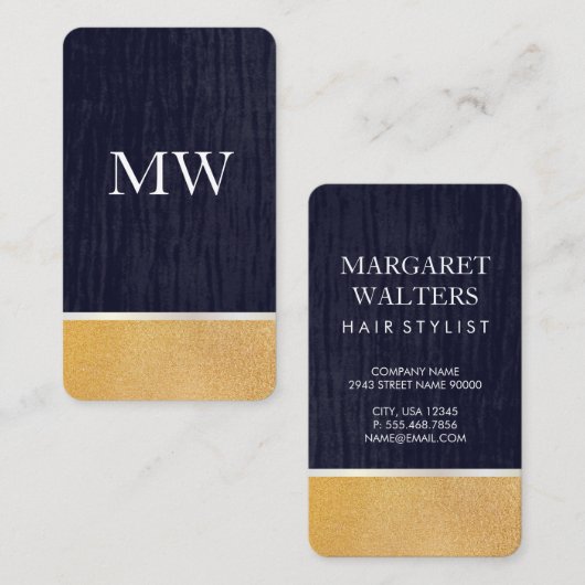 Carte De Visite Parties scintillant or / Velvet bleu avec Monogram (Devant / Derrière)