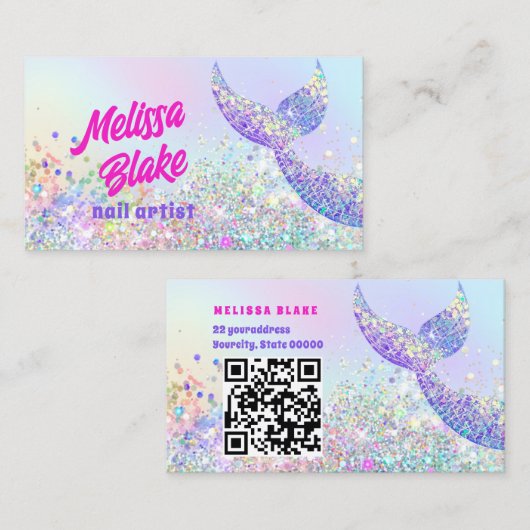 Carte De Visite parties scintillant pastel à queue de sirène (Devant / Derrière)