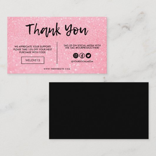 Carte De Visite Parties scintillant rose et noir Faux Merci Média (Devant / Derrière)