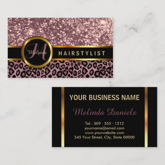 Carte De Visite Parties scintillant rose et peau de léopard - coif (Devant / Derrière)