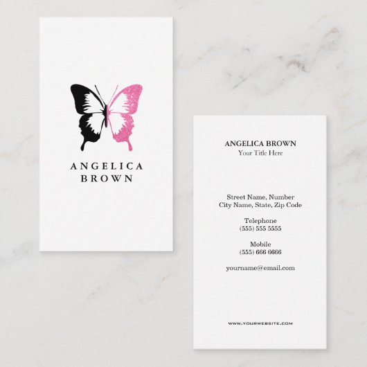 Carte De Visite Parties scintillant rose Faux et papillon noir (Devant / Derrière)