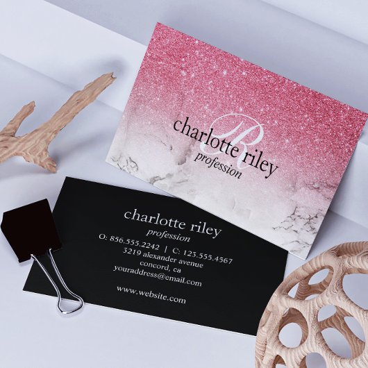 Carte De Visite Parties scintillant rose Ombre Monogramme Marbre S