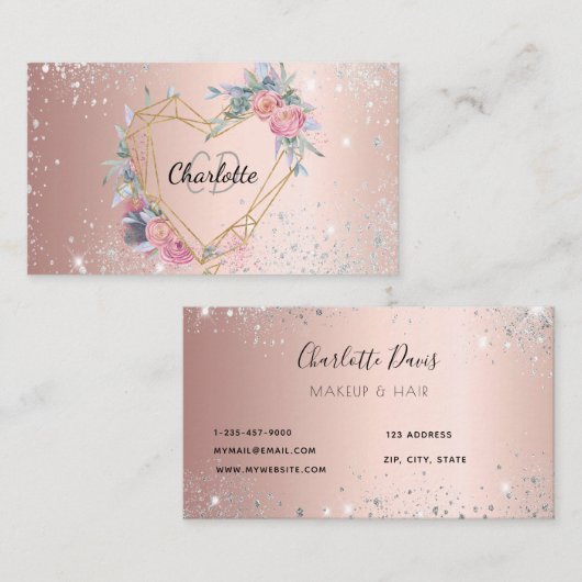Carte De Visite parties scintillant rose or argent maquillage flo (Devant / Derrière)