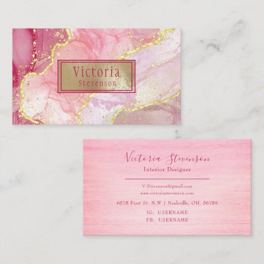 Carte De Visite Parties scintillant rose or Marbre Géode Monogramm (Devant / Derrière)