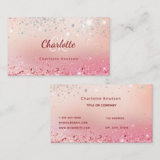Carte De Visite parties scintillant rose or rose monogramme initi (Devant / Derrière)