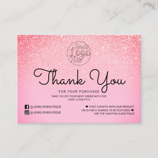 Carte De Visite Parties scintillant rose vif Ombre Merci client (Devant)