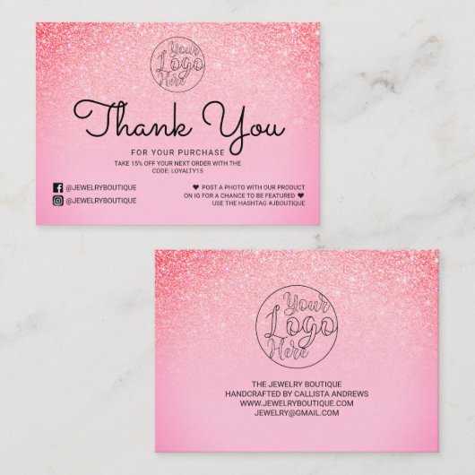 Carte De Visite Parties scintillant rose vif Ombre Merci client (Devant / Derrière)