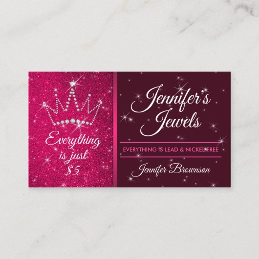 Carte De Visite Parties scintillant Sparkle Bling Pink Crown Jewel (Devant)