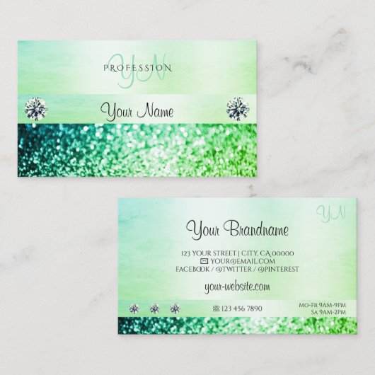 Carte De Visite Parties scintillant Turquoise vert chatoyant Monog (Devant / Derrière)