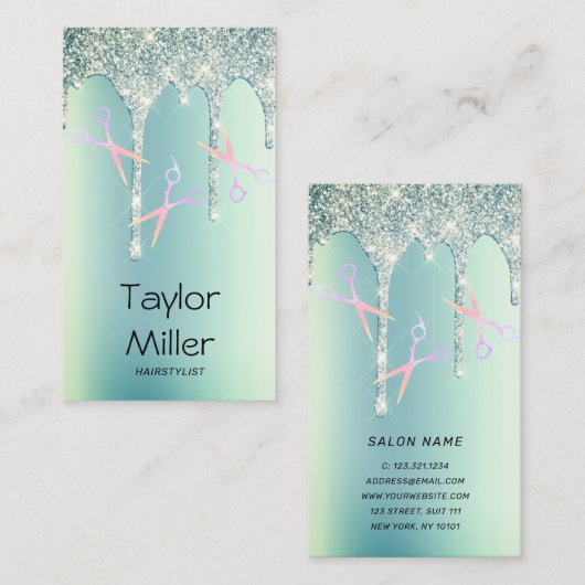 Carte De Visite Parties scintillant verte goutte holographique cis (Devant / Derrière)