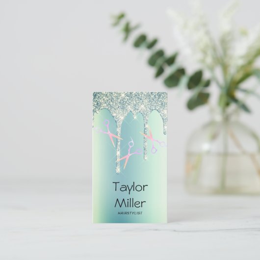 Carte De Visite Parties scintillant verte goutte holographique cis (Debout devant)