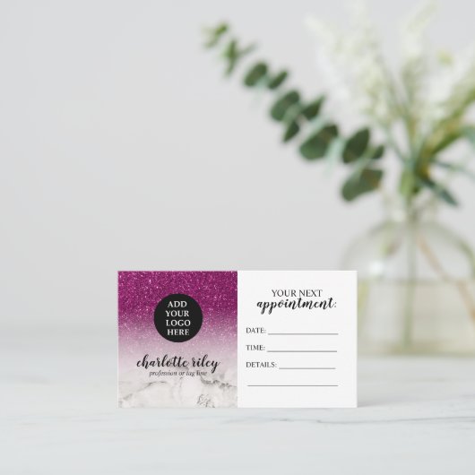 Carte De Visite Parties scintillant violet blanc Marbre Cursive Aj (Debout devant)