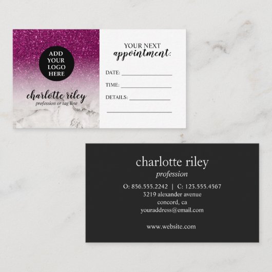 Carte De Visite Parties scintillant violet blanc Marbre Cursive Aj (Devant / Derrière)