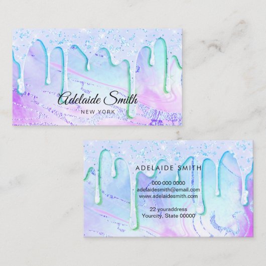 Carte De Visite parties scintillant violet vert conception gouttes (Devant / Derrière)