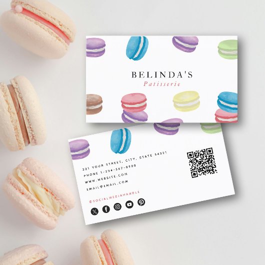 Carte De Visite Pastel Aquarelle Macarons Pâtisserie Chef QR Code